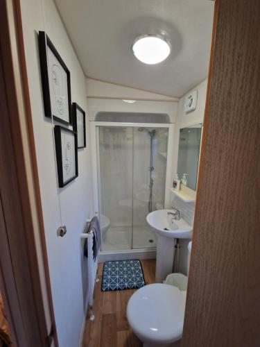 La salle de bains est pourvue d'une douche, d'un lavabo et de toilettes. dans l'établissement Taylor's Highland Escape, Dornoch, à Dornoch
