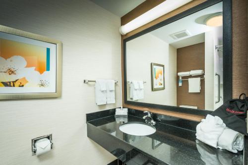 a bathroom with a sink and a large mirror at Fairfield Inn and Suites by Marriott Augusta in Augusta