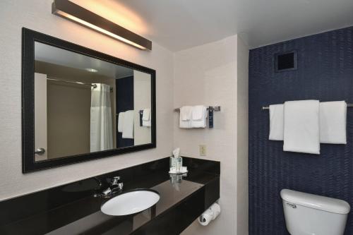 a bathroom with a sink and a mirror and a toilet at Fairfield Inn by Marriott Columbia Northwest / Harbison in Columbia