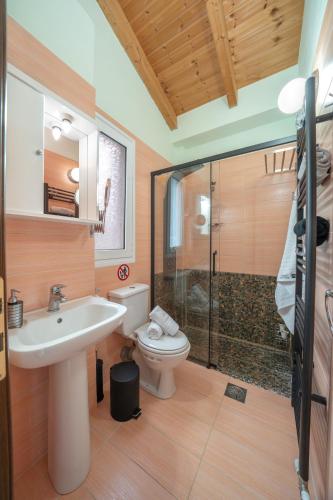 a bathroom with a toilet and a sink and a shower at Κefalonia Golden View Villa in Kefallonia