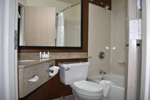 y baño con aseo, lavabo y ducha. en Fairfield Inn & Suites Kansas City Liberty en Liberty