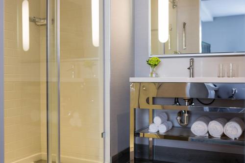 a bathroom with a shower and a sink with towels at Renaissance Albany Hotel in Albany