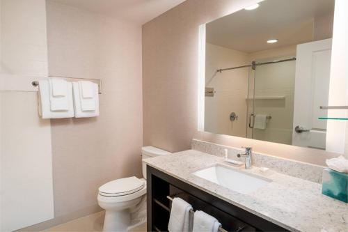 a bathroom with a toilet and a sink and a mirror at Residence Inn by Marriott Grand Rapids Downtown in Grand Rapids