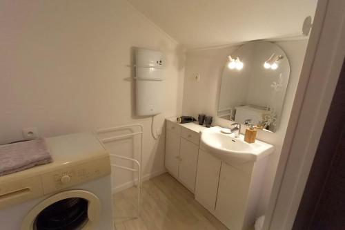 uma casa de banho branca com um lavatório e uma máquina de lavar roupa em Maison Anjou 13 personnes em Montreuil-Bellay