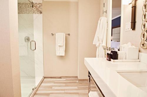 a bathroom with a sink and a shower at The Adolphus, Autograph Collection in Dallas