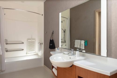 uma casa de banho com um lavatório, uma banheira e um espelho. em SpringHill Suites by Marriott Great Falls em Great Falls
