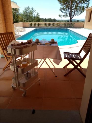een tafel en stoelen naast een zwembad bij La Ruelle Van Uchelen in Beaufort