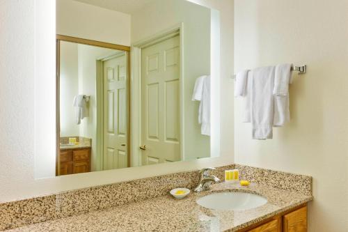 a bathroom with a sink and a large mirror at Residence Inn Merrillville in Merrillville