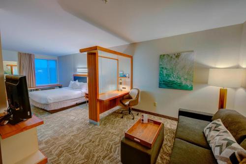 メイコンにあるSpringHill Suites by Marriott Maconのベッドとソファ付きのホテルルーム