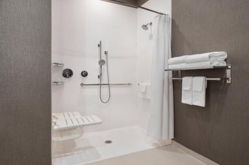 a white bathroom with a shower and a toilet at SpringHill Suites Herndon Reston in Herndon