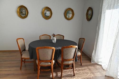 einen Esstisch mit Stühlen und eine Vase auf dem Tisch in der Unterkunft Apartman Ariana in Selce