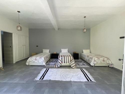 a room with two beds and a rug on the floor at Maison d Hôte Ighrem in Goulmima