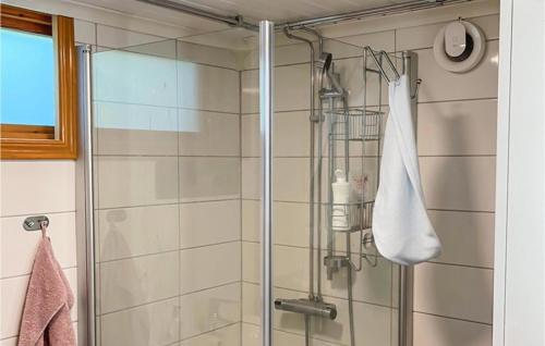 a shower with a glass door and a towel at Stunning Home In Rtviken With Kitchen 