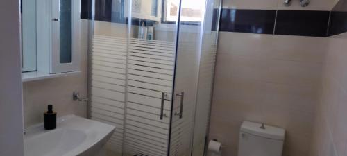 La salle de bains est pourvue d'une douche, d'un lavabo et de toilettes. dans l'établissement CfuViewApartment, à Corfou