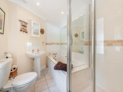 a bathroom with a shower and a toilet and a sink at The Stable in Roch