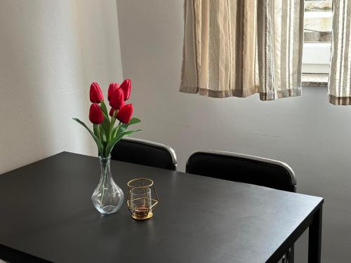 un vaso di tulipani rossi seduto su un tavolo di Guest House Iva a Senj