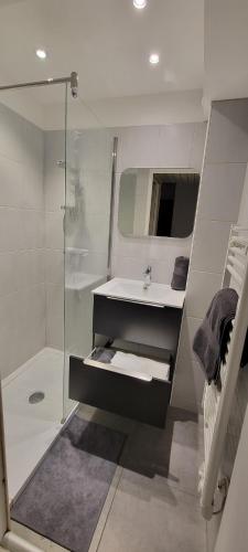 bagno bianco con lavandino e doccia di T2 vue mer dans résidence calme / T2 sea view in a quiet residence a Bandol