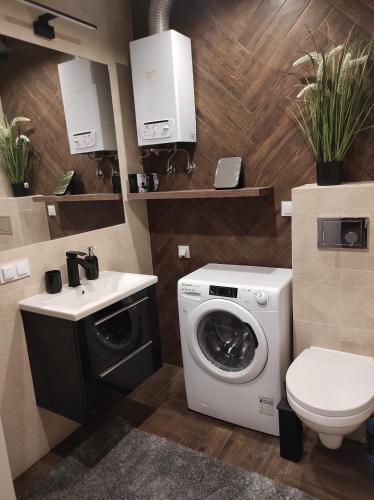 a bathroom with a washing machine and a toilet at apartament centrum RP in Katowice