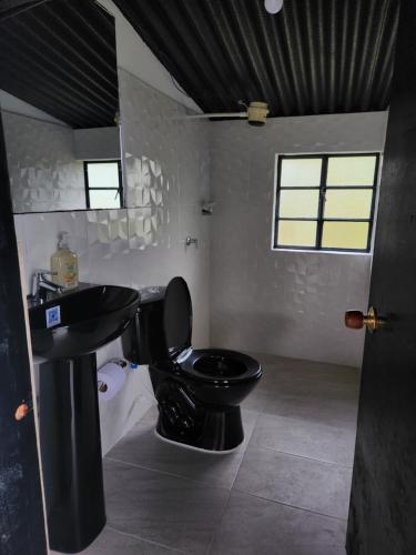 a bathroom with a black toilet and a sink at Carpe Diem in Guatavita