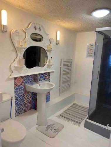 une salle de bain avec toilettes, lavabo et douche dans l'établissement Cheerful, traditional 3 bedroom home in Quillan, à Quillan