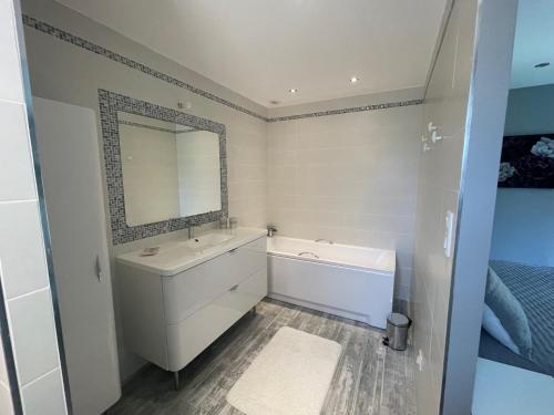 W łazience znajduje się umywalka, wanna i lustro. w obiekcie VILLA PALMIER avec PISCINE CHAUFFÉE PRIVÉE proche D'UZES ET ANDUZE w mieście Cannes-et-Clairan