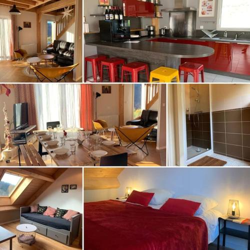 un collage de photos d'une chambre et d'un salon dans l'établissement Chalet Las Abelhas, à Le Mont-Dore