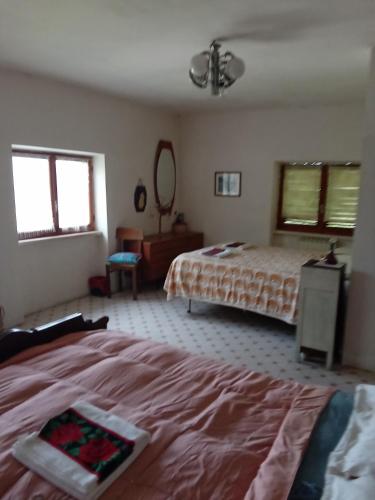 a bedroom with a bed and a mirror and windows at Villa Anna 