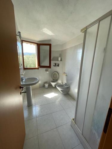 a bathroom with a toilet and a sink and a mirror at Appartamenti Su Pasiu in Chia