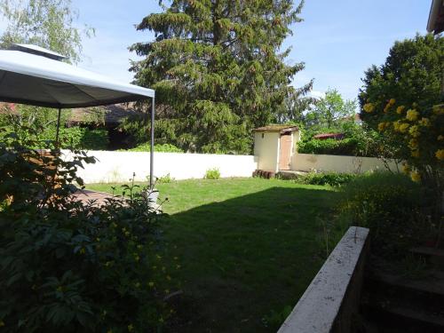 a backyard with an umbrella and a grass yard at Gîte des Pleiades in Villemoirieu