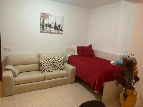 uma sala de estar com um sofá e um cobertor vermelho em Charming T1 apartment in Seixal em Aldeia de Paio Pires