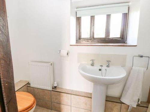 a white bathroom with a sink and a mirror at PondView Cottage with swimming pool, and garden in Tibenham