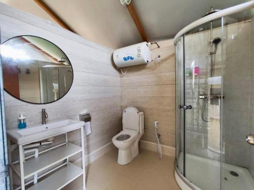 bagno con servizi igienici, lavandino e specchio di Canopy Villa Sireh Park a Johor Bahru