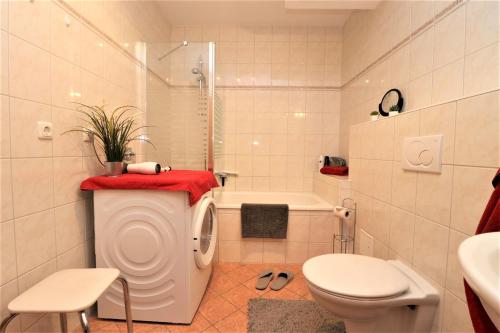 Un baño blanco con inodoro y ducha. en Altes Wasserwerk App 09, en Wustrow