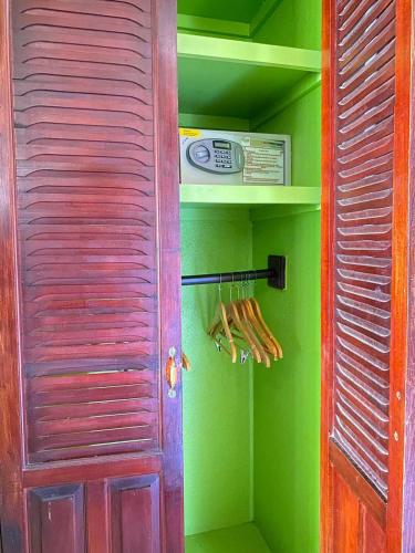 a closet with green walls and a shelf with a appliance at Nacazcol - Playas del Coco in Coco