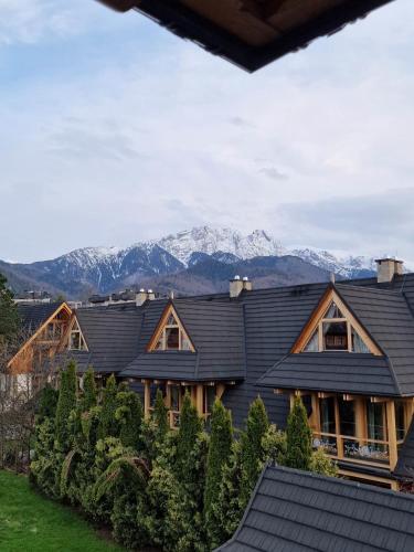 a house with a black roof with mountains in the background at Apartamenty i Pokoje Krupówki Tuż Tuż in Zakopane