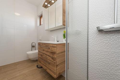 a bathroom with a sink and a toilet and a shower at Villa Mattina, with heated pool and jacuzzi in Privlaka