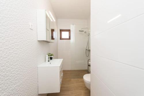 普利拉卡的住宿－Villa Mattina, with heated pool and jacuzzi，白色的浴室设有卫生间和水槽。