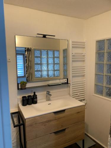 une salle de bain avec un lavabo et un miroir dans l'établissement POPPY appartement de charme à 2 min centre-ville, à Figeac