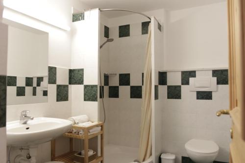 La salle de bains blanche est pourvue d'un lavabo et d'une douche. dans l'établissement Rasterhof, à Aldino