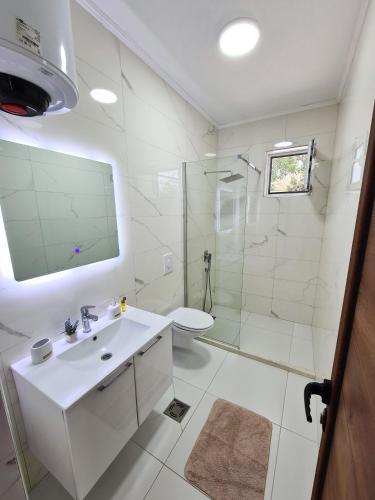 a white bathroom with a sink and a shower at Apartments Amar in Ulcinj