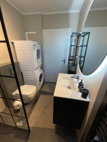 a bathroom with a sink and a toilet and a mirror at Keflavik Apartments 101 in Keflavík