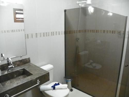a bathroom with a shower and a sink and a toilet at Hotel Ibicui in Rosário do Sul