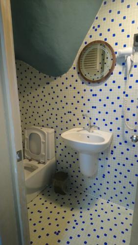 W łazience znajduje się umywalka, toaleta i lustro. w obiekcie 5RoomsPansiyon w mieście Edirne