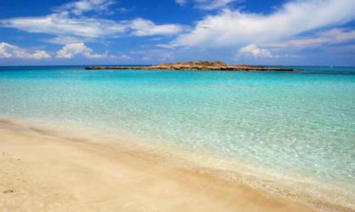 a beach with an island in the middle of the ocean at Protaras Fig Tree Bay Villa with Sea View &Jacuzzi in Protaras
