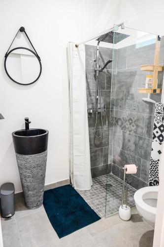 a bathroom with a shower and a toilet at Le Sunset, Magnifique Studio pieds dans l'eau, L'Ermitage les Bains in Filaos