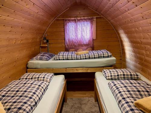two beds in a cabin with a window at an der GEIERWAND in Haiming