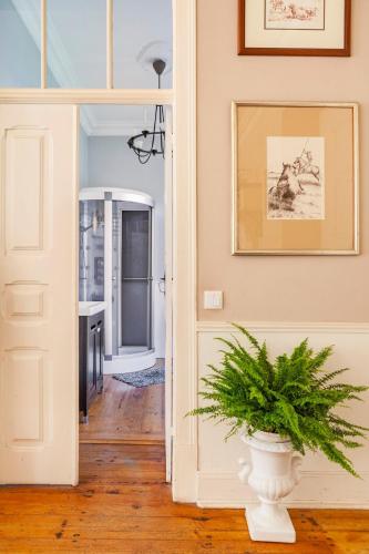 a door leading into a kitchen with a plant in a vase at B&B Quarto Violeta com Chaminé in Ramalhal