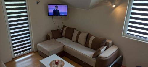 uma sala de estar com um sofá e uma televisão na parede em Studio Isidora em Vrnjačka Banja