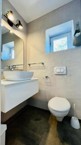 a bathroom with a sink and a toilet and a mirror at Apartment Marta in Preko