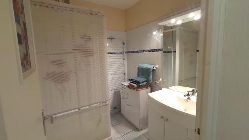 une salle de bain blanche avec une douche et un lavabo dans l'établissement T2 full centre at 7 min from the beach, à Arcachon